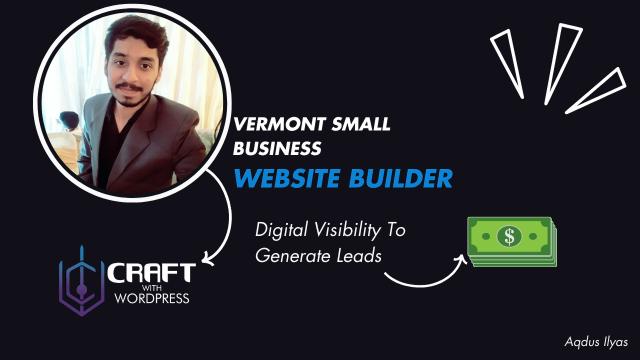 The central figure has their face obscured by a brown rectangle, suggesting privacy or anonymity. To the left of the figure, there’s text that reads “VERMONT SMALL BUSINESS” and below it “WEBSITE BUILDER.”